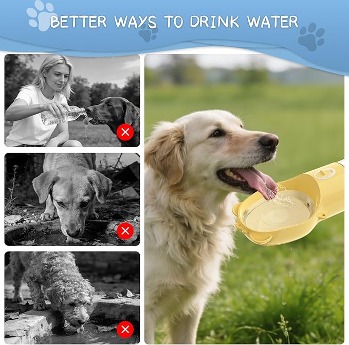 YFL Portable Dog Water Bottle with Food Container - 2 in 1 Travel Puppy Water Dispenser with Crossbody Sling & Strap - Leak Proof, Aesthetic Dog Walking Accessory for Hiking (Yellow)