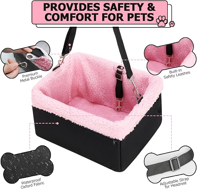 Dog Car Seat for Small Pets Under 20lbs, Booster Seat with Metal Frame, Double-Layer Oxford Fabric, Safety Leash for Dogs and Cats