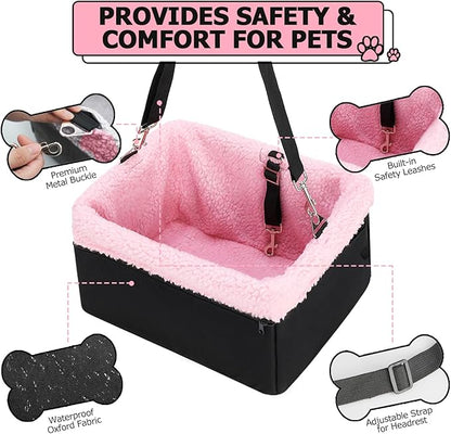 Dog Car Seat for Small Pets Under 20lbs, Booster Seat with Metal Frame, Double-Layer Oxford Fabric, Safety Leash for Dogs and Cats