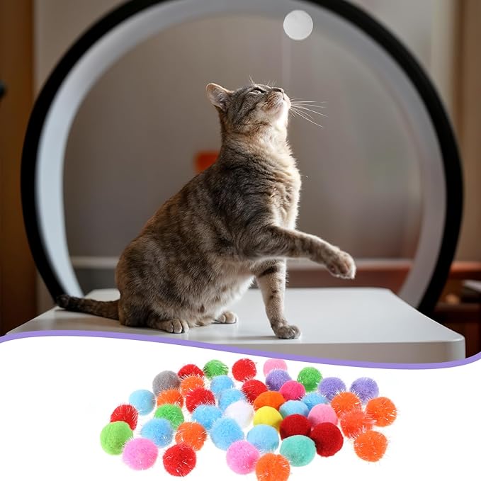 100 Pcs Cat Toy Balls 1'' Colorful Cat Pom Pom Balls 2 Style Soft Interactive Kitten Ball Cats Sparkle Fuzzy Ball Fuzzy Kitten Exercise Playing Quiet Toy for Exercise Entertainment