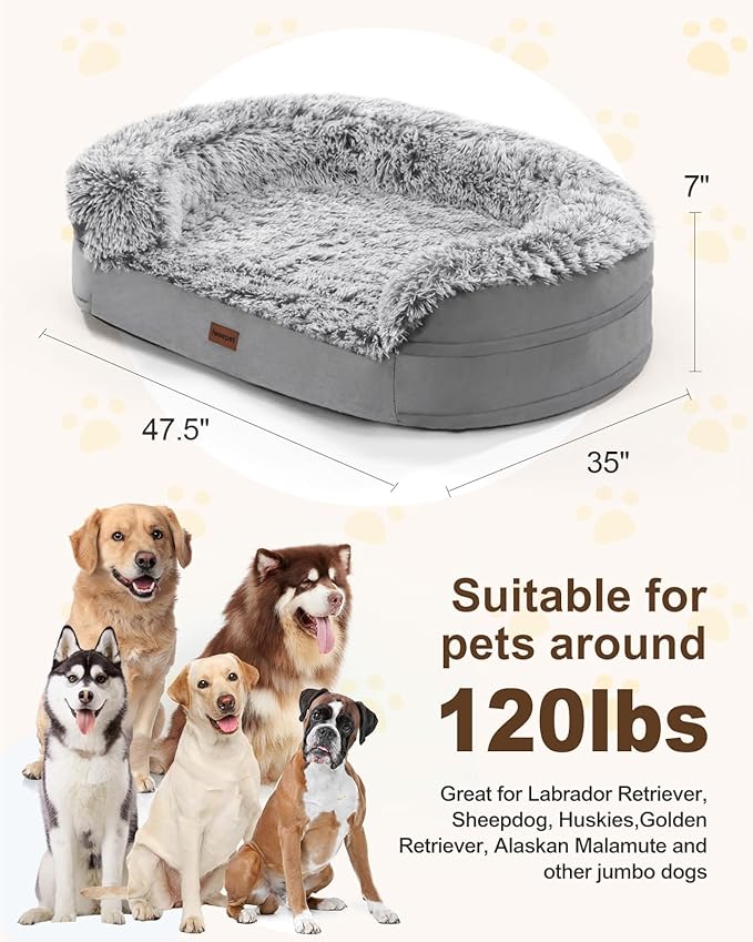 Fluffy 3.7 inch Thickened Orthopedic Dog Beds for Jumbo Dogs, Curved Bolster Support Dog Couch with Removable & Washable Cover, Orthopedic Oval Memory Foam, Non Slip Bottom,Grey
