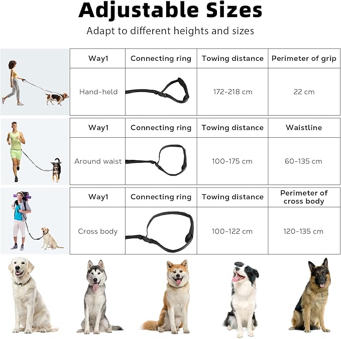 Hands Free Dog Leash, Waist Leash for 2 Dogs, Adjustable Double Hands Free Lead with Detachable Waist Belt, Padded Handles, Shock Absorbing Bungee for Walking Jogging Hiking, Black+Gray