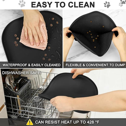 Small Silicone Pet Food Mat with Raised Edge for Food and Water Bowl, Square Dog Feeding Mats, Cat Food Trays for Floor Waterproof, Rubber Tray for Dogs and Cats, 12 x 12 x 0.7 Black