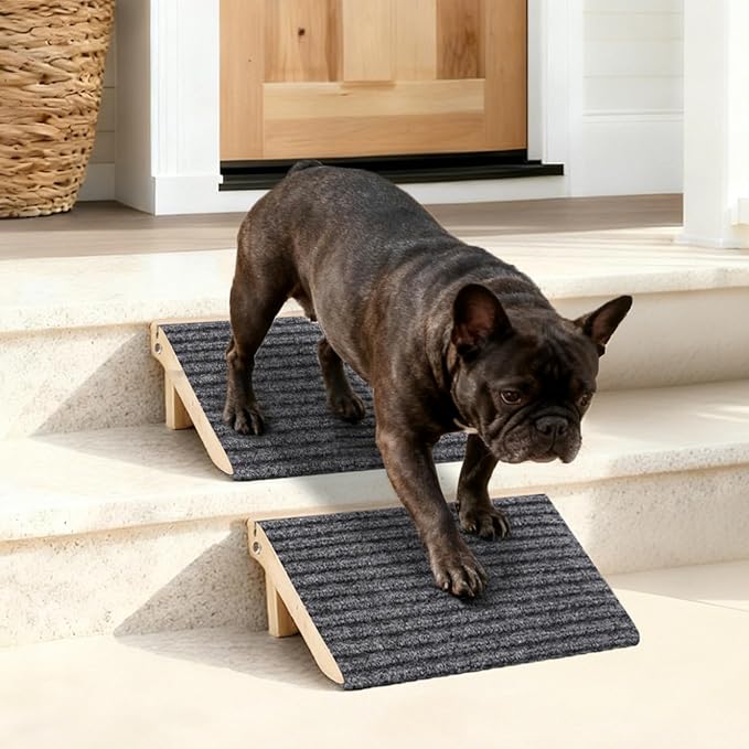 2-Pack Foldable Dog Ramp for Stairs – Lightweight Safe Wooden Pet Steps with Low-Angled Design & Anti-Slip Carpet Surface, Portable Dog Stairs to Assist Elderly/Injured Small Medium Large Dogs