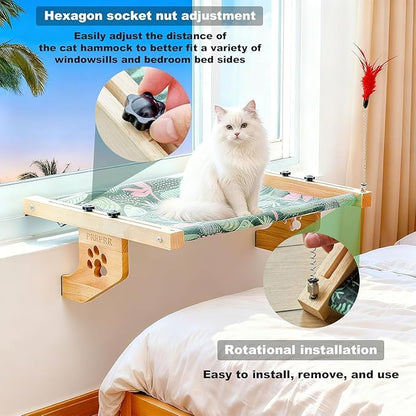 Cat Window Perch for Large Cats Inside, Sturdy Cat Window Hammock Seat with Cooling Mat, Adjustable Cats Platform Bed Shelf Fits Windowsill, Bedside, Desk, Drawers and Cabinet