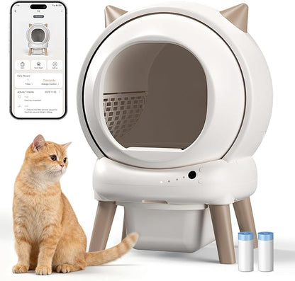 Automatic Cat Litter Box - E2 Self Cleaning Litter Box Smart Robot for Multiple Cats, APP Real-Time Monitor, Weight Monitoring, Safe Anti-Pinch Liners and Mat Included