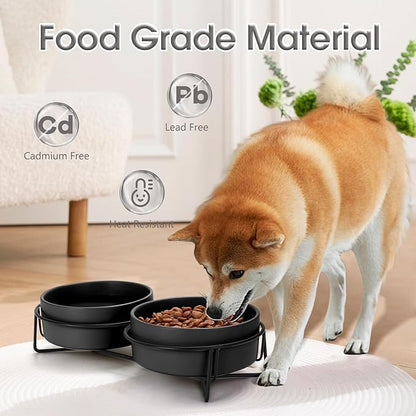 Ceramic Dog and Cat Bowl Set with Stand, 1.7 Cups Dog Food and Water Bowl Suitable for Small and Medium Pets (13.5oz Black)