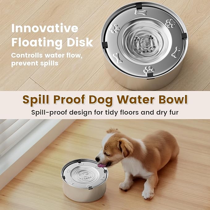 Dog Water Bowl No Spill,3L/101oz Stainless Steel Water Bowl for Dogs, Spill Proof Slow Drinking Dog Water Feeder with Anti-Slip for Medium to Large Messy Drinkers