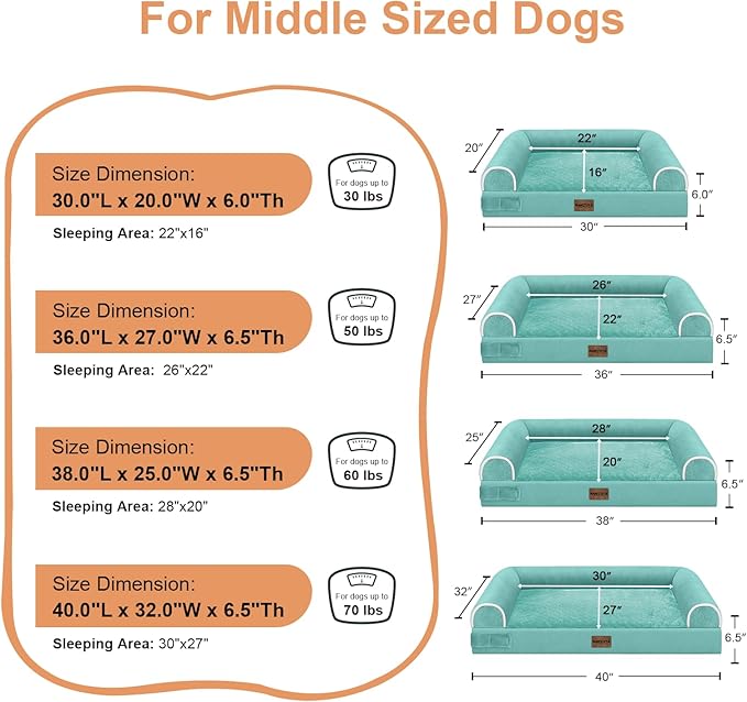 Medium Large Dog Bed Orthopedic Washable: Beds Bolster Medium Large Sized Dog Bed Egg Crate Foam Couch Sofa Waterproof with Removable Cover - Aqua Blue