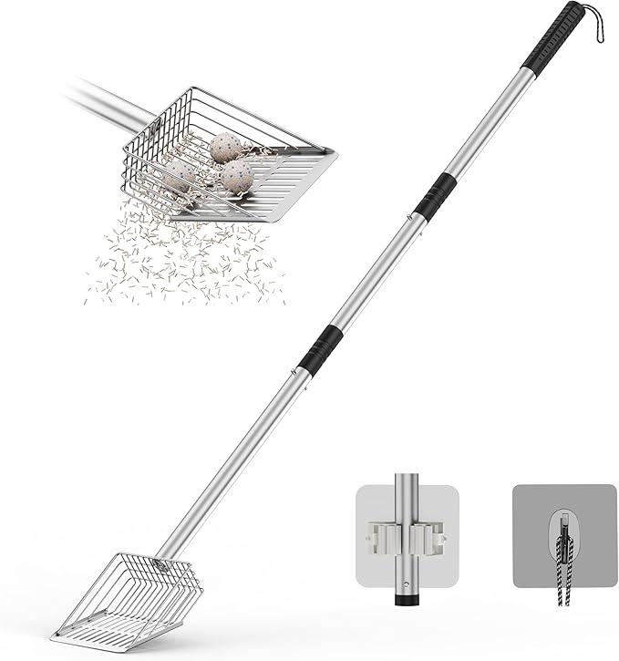 Heavy Duty Metal Cat Litter Scoop with Holder - Speed Sifter Litter Box Scooper Captures All Clumps - Kitty Litter Sifting Shovel Comfy Handle - Easy Clean with Hook（Long）