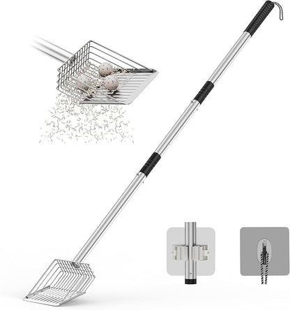 Heavy Duty Metal Cat Litter Scoop with Holder - Speed Sifter Litter Box Scooper Captures All Clumps - Kitty Litter Sifting Shovel Comfy Handle - Easy Clean with Hook（Long）