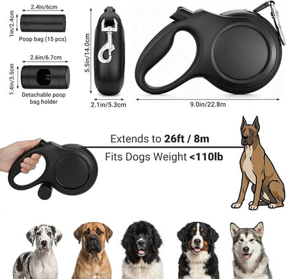 Segarty 26 Ft Walking Lead with Poop Bag Holder for Dogs 66 lbs - 110 lbs, 360°Tangle-Free Leash with Anti-Slip Handle & One-Handed Brake Pause Lock, 8m Retractable Leash for Dog Pets Outside Activity