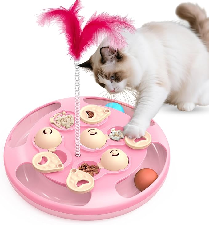 Cat Puzzle Toys Games Level 3 in 1 with Track Balls, Feather Teaser & Treat Feeder | Non-Slip Base | Mental Stimulation Enrichment for Indoor Cats | Kitty Gift, Pink