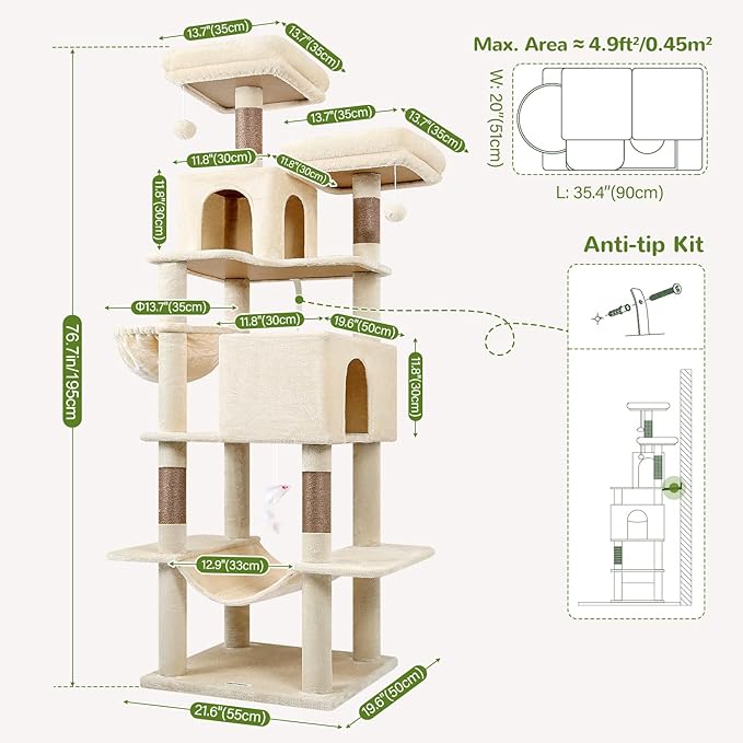 Globlazer Cat Tree Tower, 76-Inch Extra Tall Multi-Level Cat Furniture with Cozy Condos, Hammock and Perches for Adult Cats, Perfect for Climbing, Scratching, and Play, F76, Beige