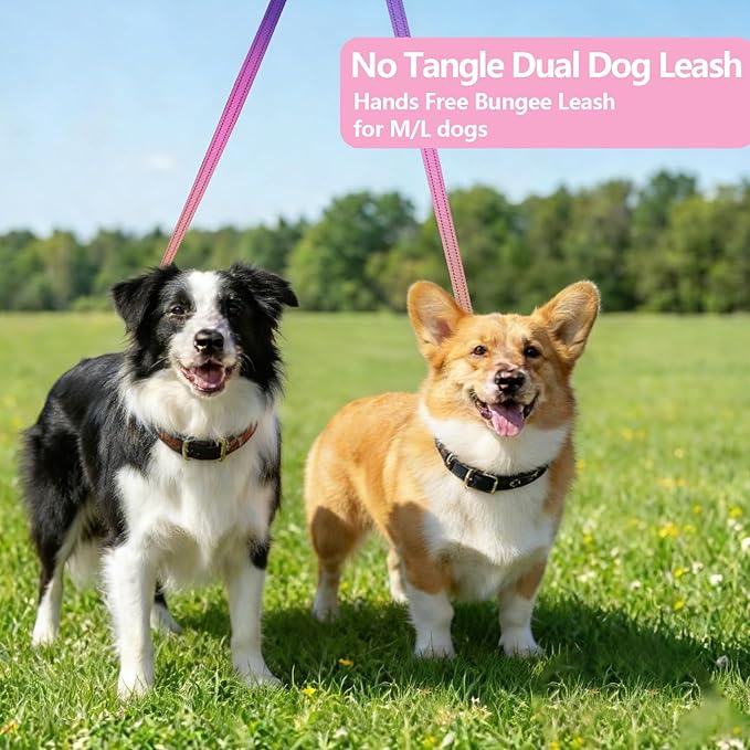 Roses&Poetry Hands Free Double Dog Leash for Two Dogs, 9-11ft Adjustable Bungee Walking Waist Lead, Dual Dogs Leash with Tangle-Free Swivel for Medium Large Dog Heavy Duty Running(Mistyrose)