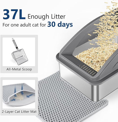 Stainless Steel Litter Box, Extra Large Litter Boxes for Big Cats, XL Metal Cat Litter Box with Lid, Anti-Urine Leakage, Non-Sticky, Include Cat Mat and Litter Scoop