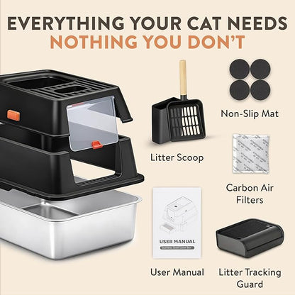 XL Stainless Steel Cat Litter Box with Enclosure and Pooper Scooper - Durable Black Metal Litter Box for Big Cats, High Sides for Anti-Leakage, Never Absorbs Odors, Non-Sticky - (60x40cm) (Black)