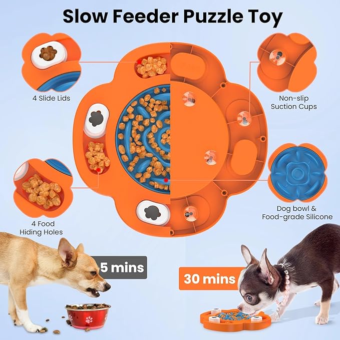 2 in 1, Slow Feeder Bowl and Feeder Puzzle Toy for Dogs and Cats, Hide Food and Treats, Detachable Insert, Interactive Feeding, Anti-Shock & Anxiety Reducing, IQ Training, Mental Stimulation, Game.