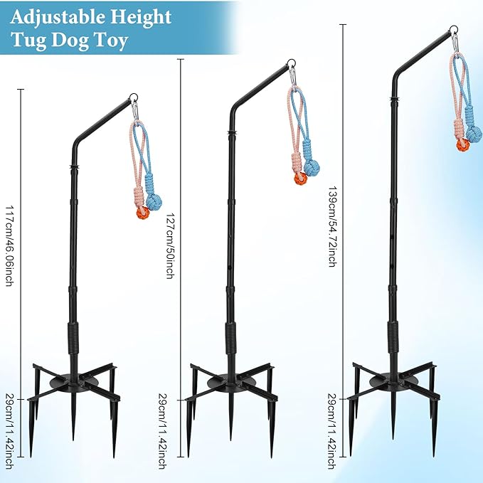 Tether Outdoor War Dog Toy with 3 Chew Rope, Adjustable Height Tug Dog Flirt Pole for Dog Self-Play in Yard, Park and Playground