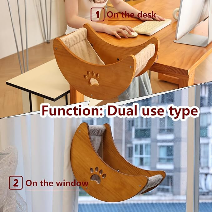 Cat Window Perch Hammock Bed with Strong Suction Cups, Space-Saving Window Cat Bed for Indoor Cats, Multi-Use Moon Shelf for Desk or Window