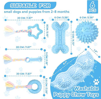 Petcare 6 Pack Puppy Chew Toys - Blue, Soft Rubber Rope & Bone Ball Teething Toys for Small Dogs & Puppies, Including Yorkie