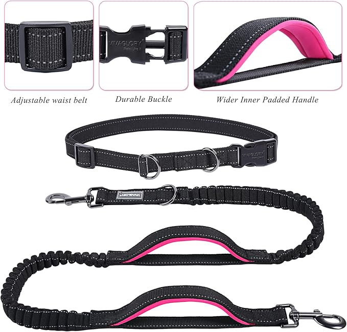 VIVAGLORY Hands Free Dog Leash Bungeetwin Running Dog Leash with Waist Belt for Running Walking & Jogging, Bungee & Around Waist for Pet, M, Black/Pink