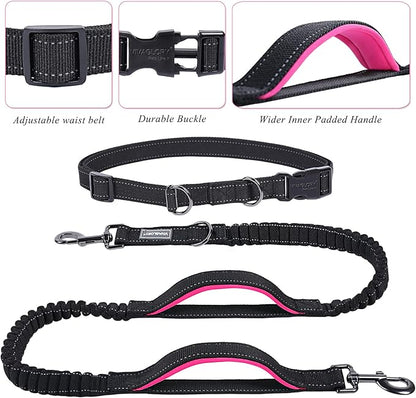 VIVAGLORY Hands Free Dog Leash Bungeetwin Running Dog Leash with Waist Belt for Running Walking & Jogging, Bungee & Around Waist for Pet, M, Black/Pink