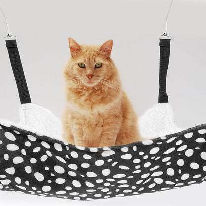 Double-Sided Hanging Cat Hammock Bed with Breathable Mesh, Medium 35x35cm, Black and White Dot Pattern, Indoor Cat Sleeping Mat and Comfortable Pet Den