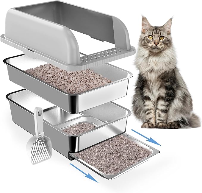 23.6"x15.7"x6" Stainless Steel Litter Box with Lid, XL Sifting Litter Box for Pine Pellets with Removable Drawer Pan for Easy Cleaning, High Sides Large Metal Litter Box System for Big Cats