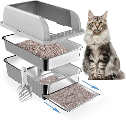 23.6"x15.7"x6" Stainless Steel Litter Box with Lid, XL Sifting Litter Box for Pine Pellets with Removable Drawer Pan for Easy Cleaning, High Sides Large Metal Litter Box System for Big Cats