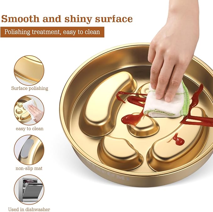 Golden Stainless Steel Slow Feeder Dog Bowls – Non-Slip Metal Dog Bowl for Large & Medium Breeds, Puppy Puzzle Feeder – 2 Cup Capacity for Small to Big Pets – Durable Slow Feed Dog & Cat Food Dish