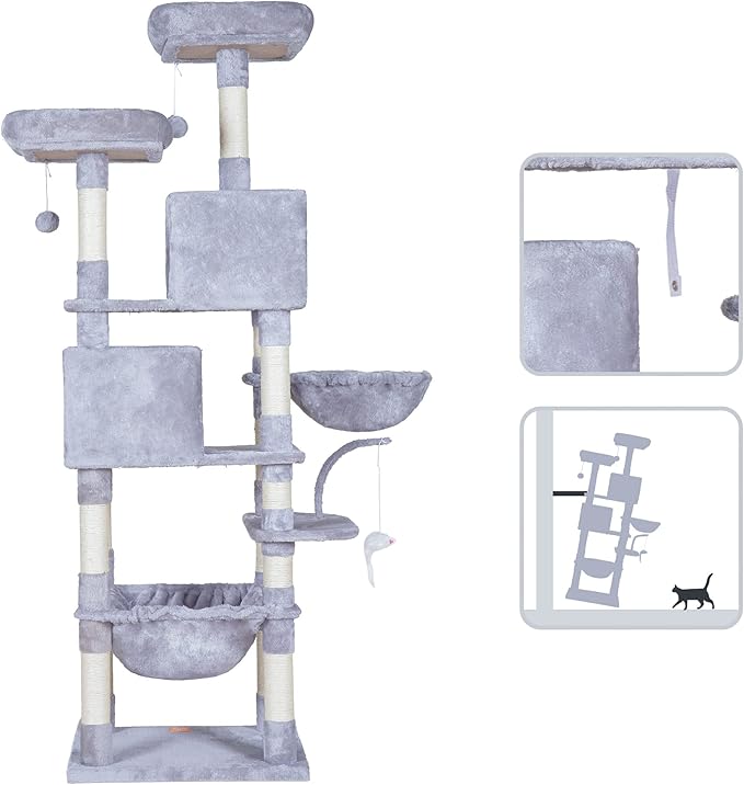 Heybly Cat Tree, 70 inches Tall Cat Tower Condo with Toy for Indoor Large Cats, Cat House Furniture with Padded Plush Perch, Cozy Hammock and Sisal Scratching Posts, Light Gray HCT032W