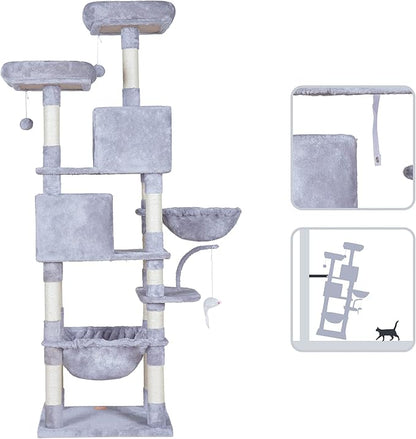 Heybly Cat Tree, 70 inches Tall Cat Tower Condo with Toy for Indoor Large Cats, Cat House Furniture with Padded Plush Perch, Cozy Hammock and Sisal Scratching Posts, Light Gray HCT032W