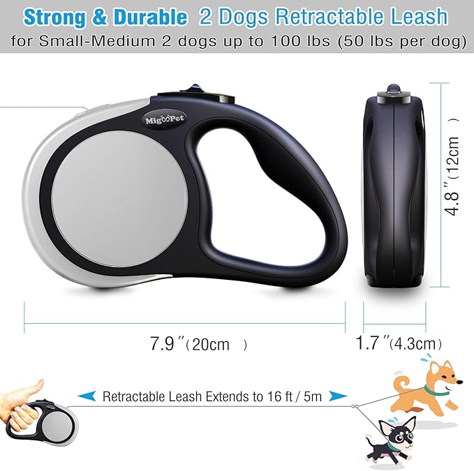 Double Retractable Dog Leash for Two Dogs Up to 50 lbs - 16 ft Coupler Leashes for Small Medium Dogs - One Locked System, Non Slip Grip, Tangle Free (Grey)