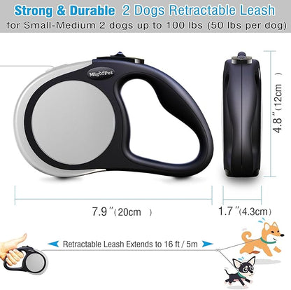 Double Retractable Dog Leash for Two Dogs Up to 50 lbs - 16 ft Coupler Leashes for Small Medium Dogs - One Locked System, Non Slip Grip, Tangle Free (Grey)