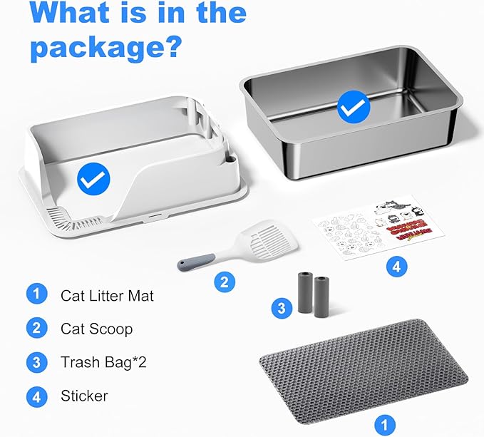 Non-Stick Stainless Steel Litter Box, XL Side Opening Splash-Proof & Leak-Proof Seamless Seal, Ellenpent Large Capacity, Cat Litter Box with Lid for Multi-Cats, Easy-Clean & Durable (White)