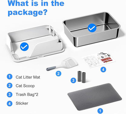 Non-Stick Stainless Steel Litter Box, XL Side Opening Splash-Proof & Leak-Proof Seamless Seal, Ellenpent Large Capacity, Cat Litter Box with Lid for Multi-Cats, Easy-Clean & Durable (White)