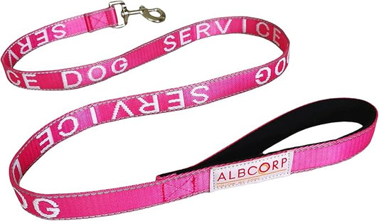 Albcorp Service Dog Leash 4 FT x 1 Inch – Reflective Leash with Embroidered Service Dog Lettering, Heavy-Duty Nylon, Padded Neoprene Handle, Pink.