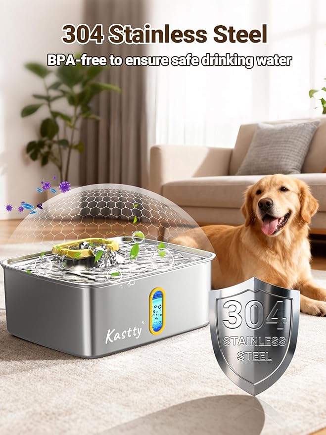 Kastty 15L/3.96 Gal Stainless Steel Dog Water Fountain, Large Capacity Dog Water Bowl Dispenser Quiet LED Light Triple Filtration Cat Water Fountain,Pet Water Fountain Easy Clean(FS78,Yellow)