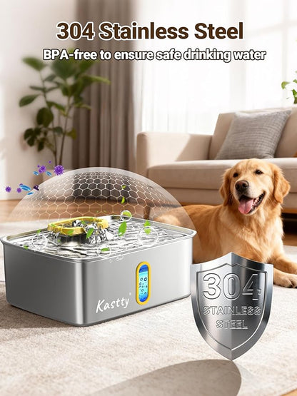 Kastty 15L/3.96 Gal Stainless Steel Dog Water Fountain, Large Capacity Dog Water Bowl Dispenser Quiet LED Light Triple Filtration Cat Water Fountain,Pet Water Fountain Easy Clean(FS78,Yellow)
