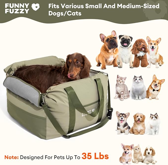 FUNNY FUZZY Waterproof Dog Car Seat for Small & Medium Dogs Up to 35lbs, Detachable & Washable Pet Booster Seat with Leash, Thick Cushion, Storage Pockets & Adjustable Straps (Green)