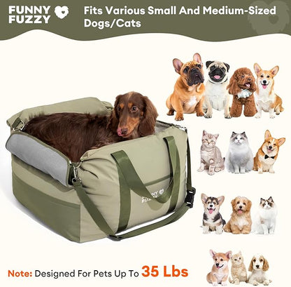 FUNNY FUZZY Waterproof Dog Car Seat for Small & Medium Dogs Up to 35lbs, Detachable & Washable Pet Booster Seat with Leash, Thick Cushion, Storage Pockets & Adjustable Straps (Green)