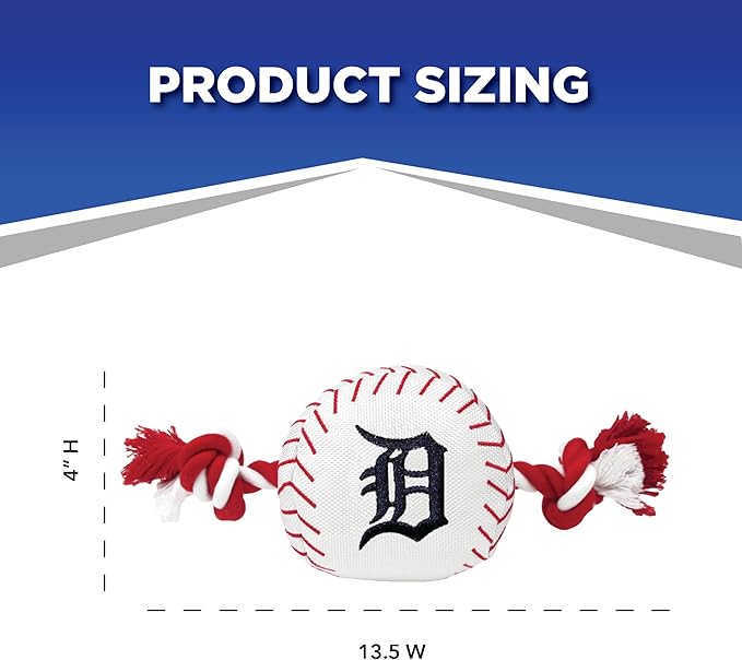 MLB DETROIT TIGERS Baseball Rope Toy for DOGS & CATS. Tough nylon, Sporty Baseball Design, Heavy-duty ropes with Inner SQUEAKER