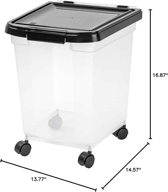 IRIS USA Airtight Dog Food Storage Container, WeatherPro, Up to 25 lbs, Removable Wheels, for Dog Cat Bird and Other Pet Food Storage Bin, Keep Fresh, Translucent Body, Made in USA, Clear/Black