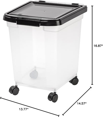 IRIS USA Airtight Dog Food Storage Container, WeatherPro, Up to 25 lbs, Removable Wheels, for Dog Cat Bird and Other Pet Food Storage Bin, Keep Fresh, Translucent Body, Made in USA, Clear/Black