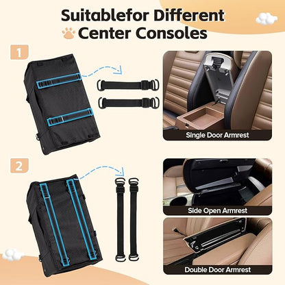Center Console Dog Car Seat, Portable Pet Cat Puppy Booster Armrest Carseat, Anti-Collapse Pet Car Seat with Safety Leash, Adjustable Straps, Storage Pockets, Support Pet Up to 15lbs (Black)
