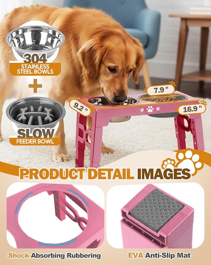 Elevated Dog Bowls for Medium Large Size Dogs, Non-Slip Dog Feeder with 1*Stainless Steel Dishes & 1*Slow Feeder Bowl, 5 Heights Adjustable Raised Bowls to 3.15″-8.66″-9.84″-11.02″-12.2″