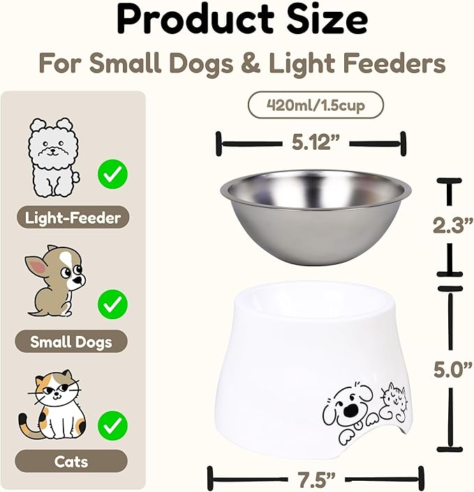 Elevated Spaniel Dog Bowl, Melamine Raised Dog Food Bowl for Long-Eared Dogs, Raised Dog Bowls for Small Dogs, Stainless Steel Inner Bowl, Non-Slip Base (Puppy & Kitten Pals, M (420 ML / 1.5 Cups)