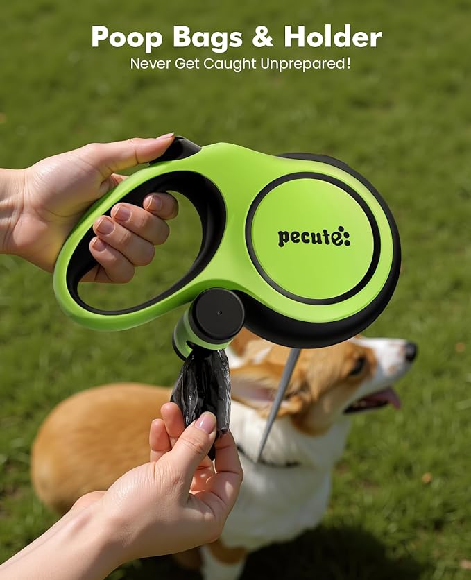 Pecute Retractable Dog Leash with Chew Proof Steel Cable, 26ft Heavy Duty Retractable Pet Leash with Poop Bag Holder, Anti-Slip Grip, for Medium/Large Power Chewers & Pullers 33lbs-110lbs (Green)
