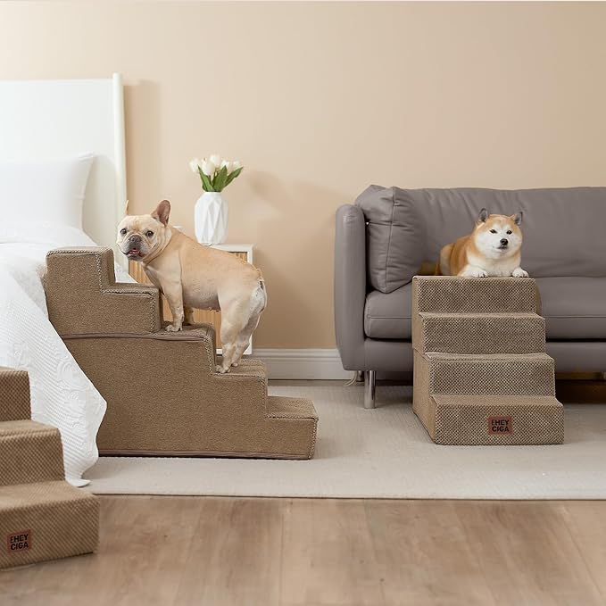 EHEYCIGA Dog Stairs for Bed 18" H, 4-Step Dog Steps for High Bed, Pet Steps for Small Dogs and Cats, Non-Slip Balanced Pet Ramp Indoor, Camel